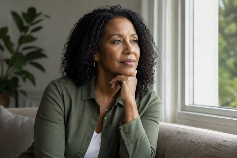 Woman sitting thoughtfully by a window, illustrating the importance of paying attention to health changes rather than dismissing them as aging