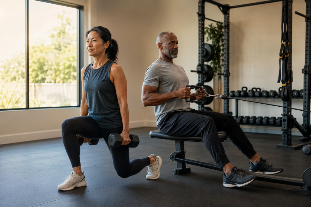 Woman and man over 40 performing strength exercises with dumbbells and a cable machine