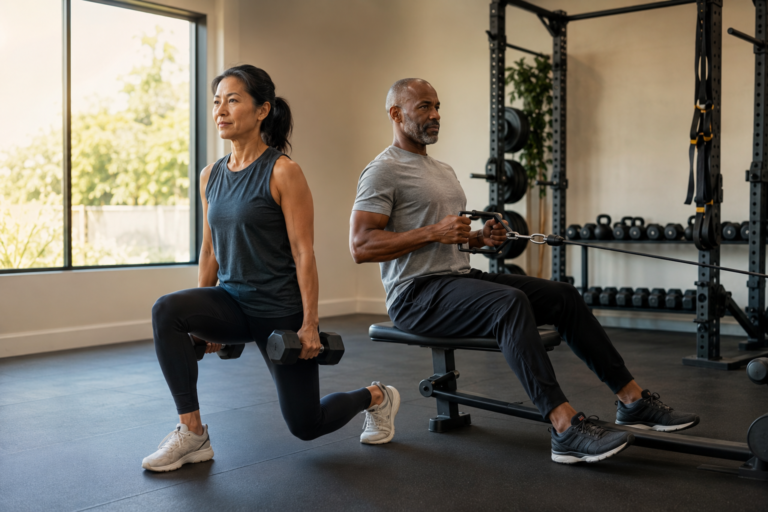 Woman and man over 40 performing strength exercises with dumbbells and a cable machine