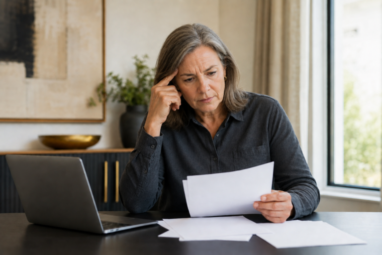 White woman in her 50s reviewing health information at her desk and deciding what to do next.