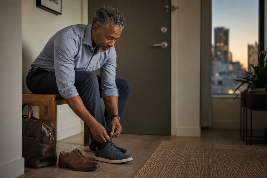 Man in his mid-50s tying walking shoes after arriving home from work.