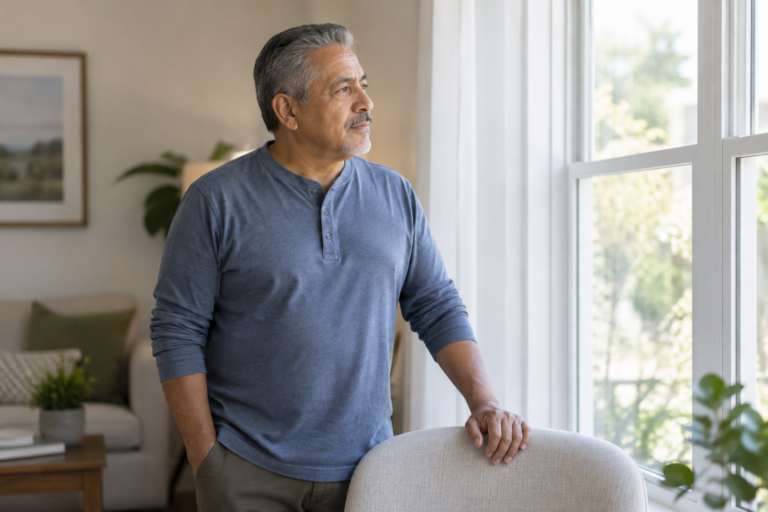 A man in his 50s stands beside a large window in a bright living room, looking outside thoughtfully. The image reflects the idea of noticing changes in health and questioning whether age alone explains them.