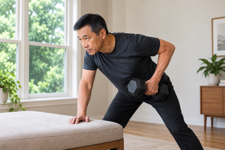 Man in his 50s performing a one-arm dumbbell row.
