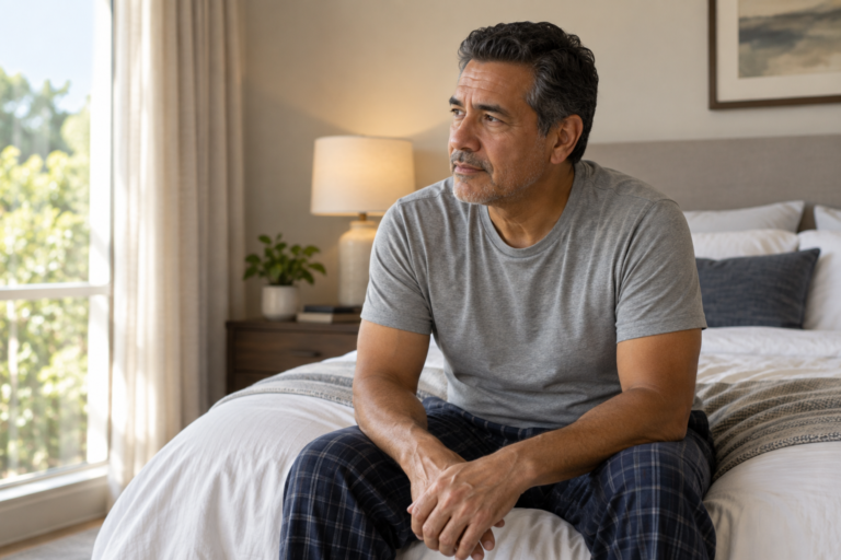 Latino man in his late 50s sitting on the edge of his bed in natural morning light before starting the day