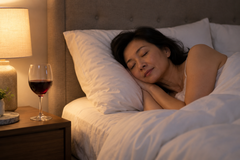 A middle-aged woman sleeping in a softly lit bedroom with a half-filled glass of red wine on the bedside table.